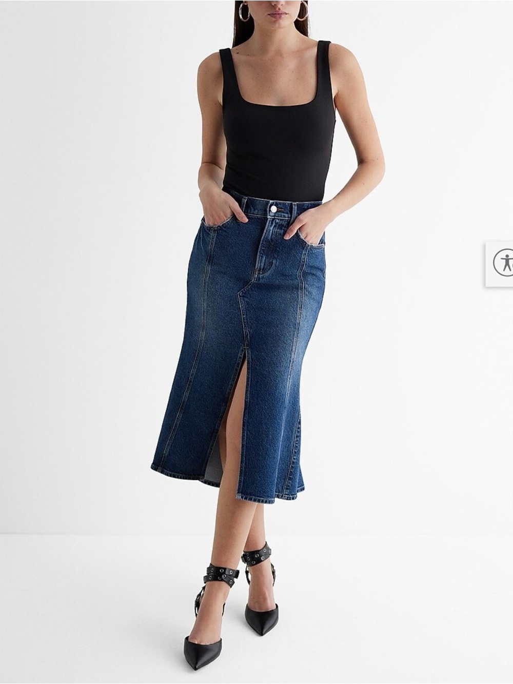 Super High Waisted Flare Hem Front Slit Midi Denim Skirt